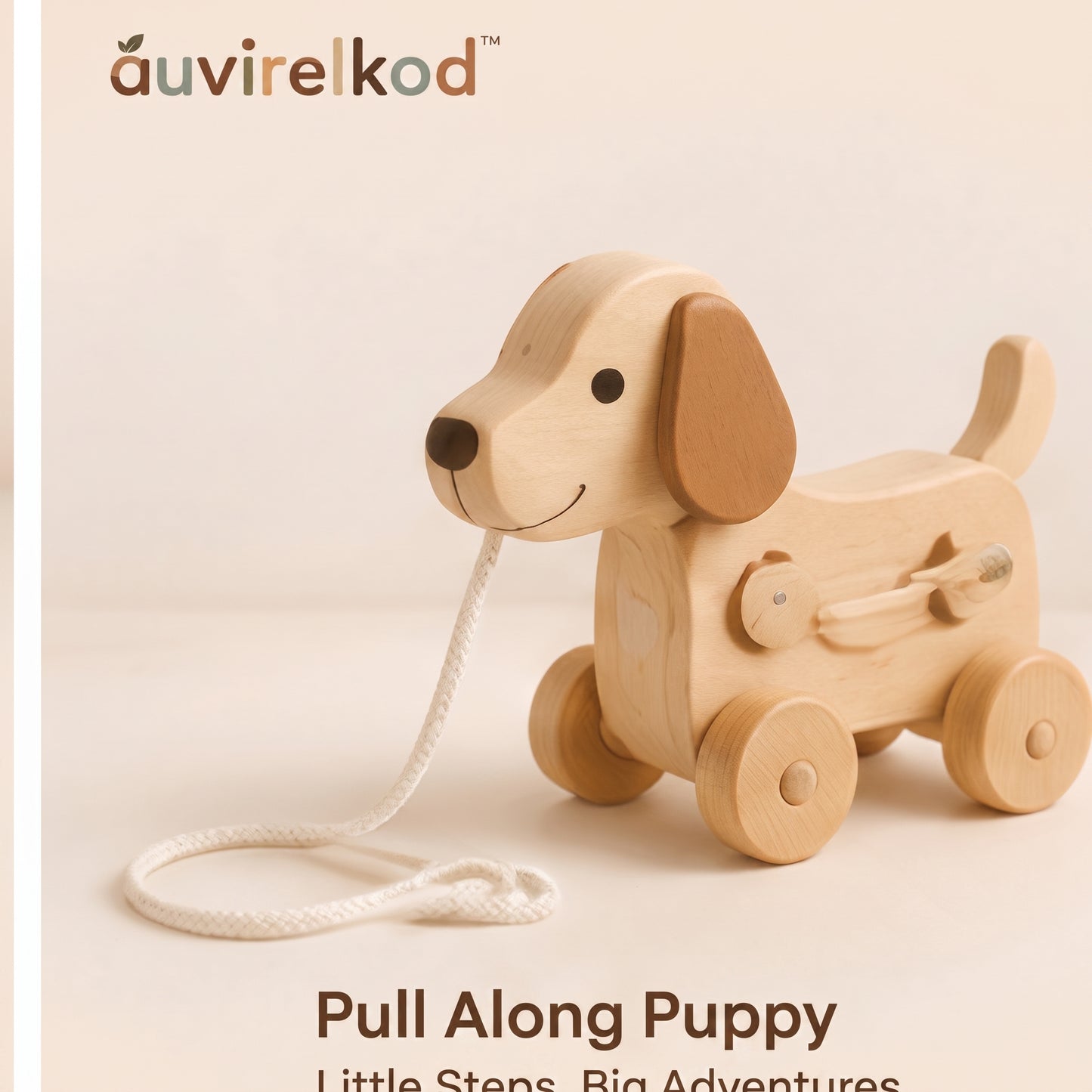 Wooden Pull Along Puppy Toy, Toddler Walking Companion and Classic First Birthday Gift