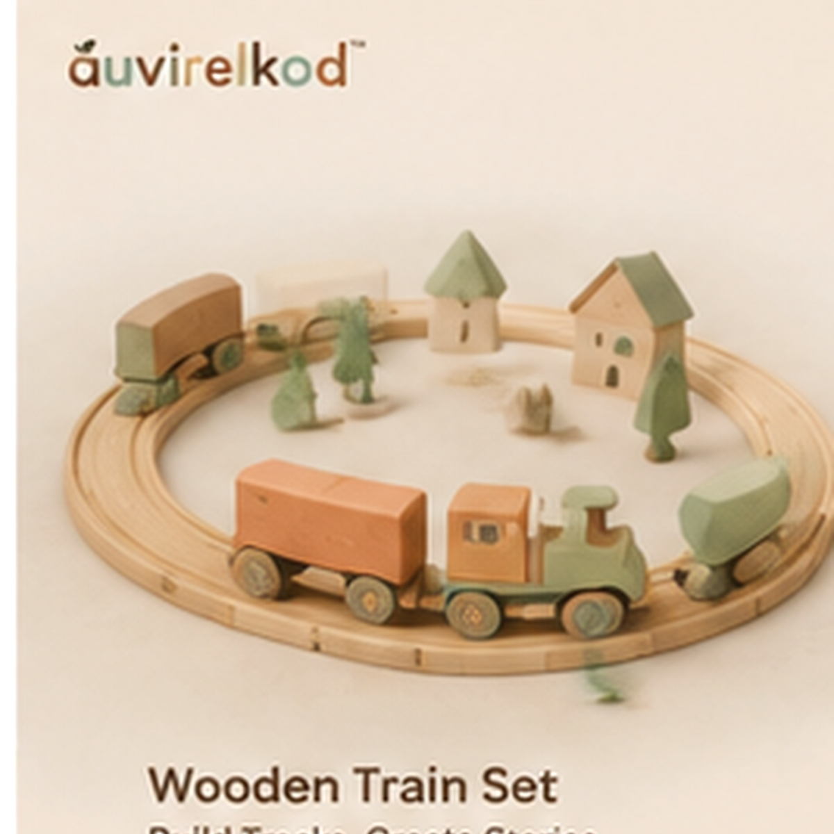 Wooden Train Set with Track and Village Pieces, Classic Railway Playset and Toddler Gift