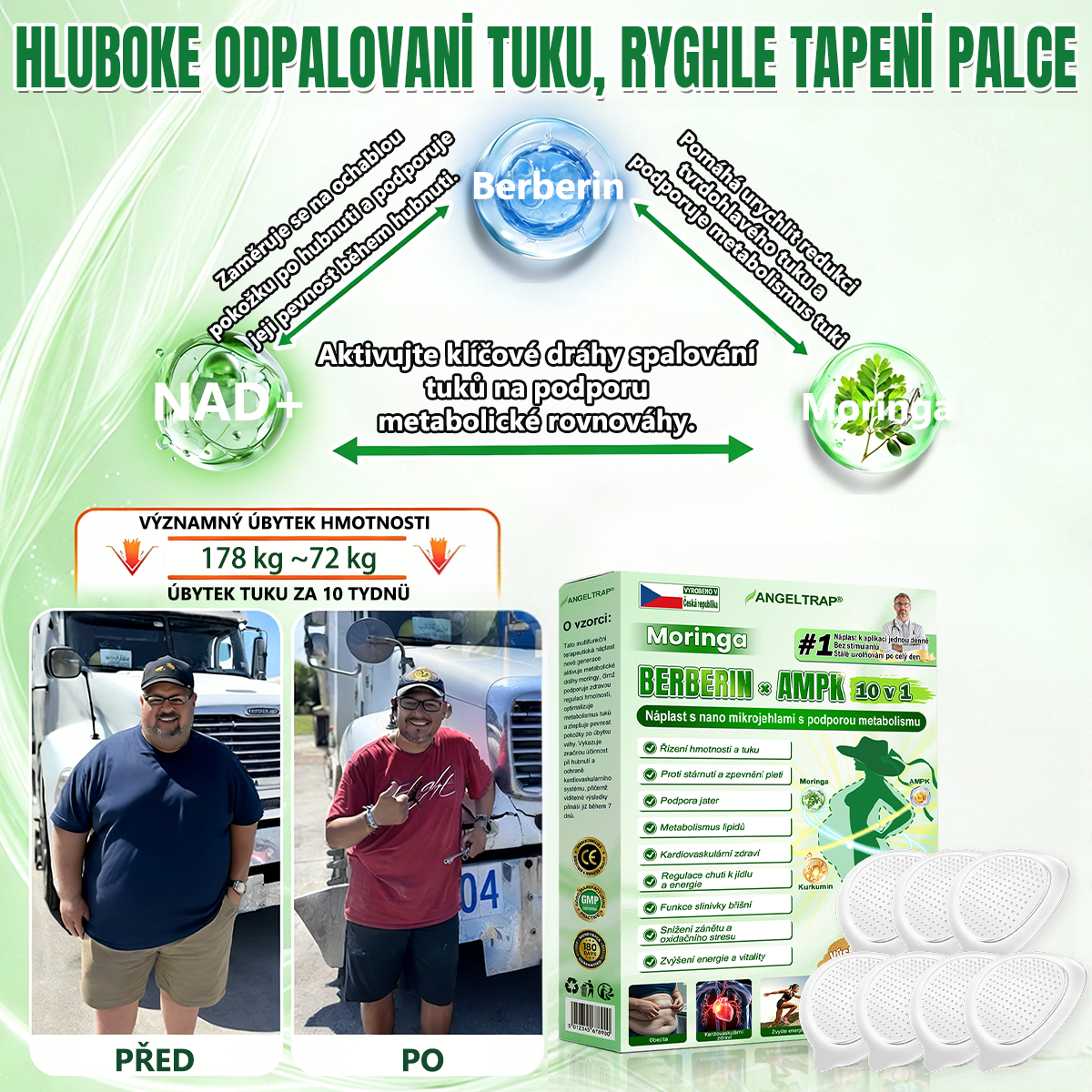 🍀🛡️ Oficiální vlajkový obchod | 💜💜 𝑨𝑵𝑮𝑬𝑳𝑻𝑹𝑨𝑷® Moringa × berberin × AMPK 10 v 1 — nanomikrojehličkové náplasti na podporu hubnutí 🇨🇿 Stačí 1× denně ✅ Výsledky již za 7 dní — podpora při nadváze, pro zdraví srdce a cév a péči o klouby