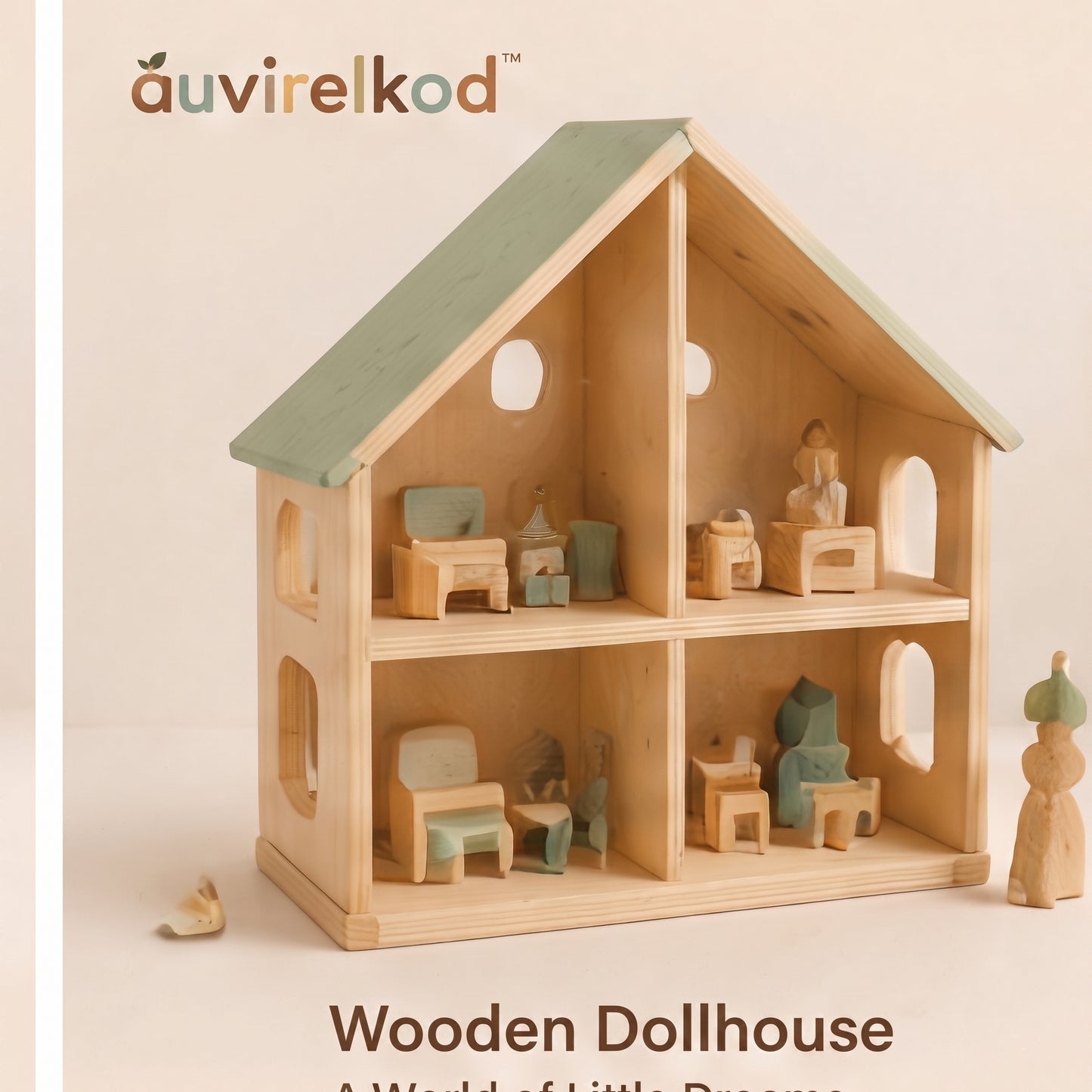 Modern Wooden Dollhouse with Furniture, Neutral Pretend Play House and Kids Room Gift