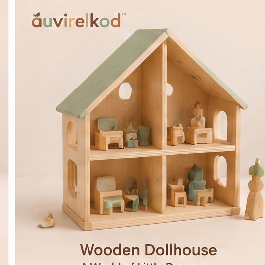 Modern Wooden Dollhouse with Furniture, Neutral Pretend Play House and Kids Room Gift