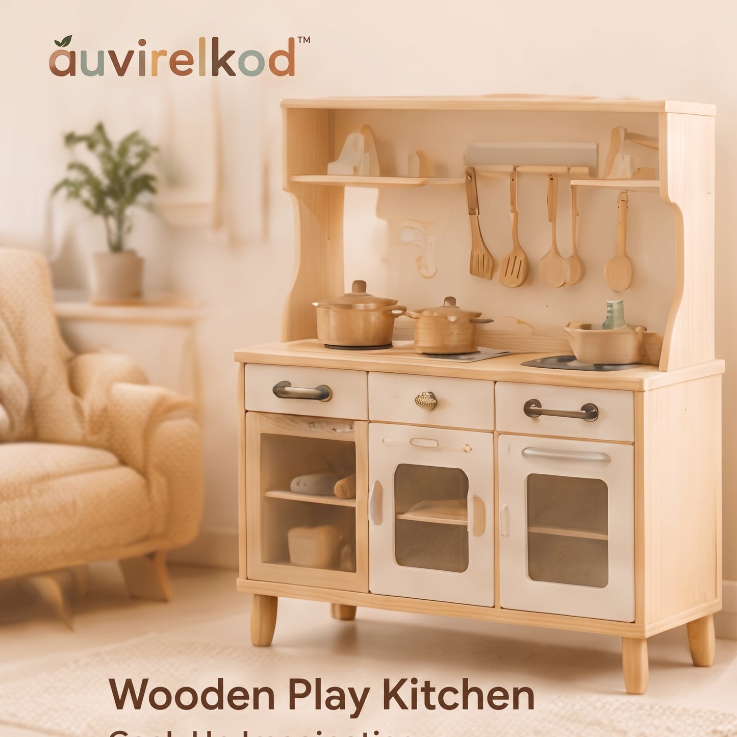 Modern Wooden Play Kitchen Set, Kids Pretend Cooking Station and Montessori Role Play Gift