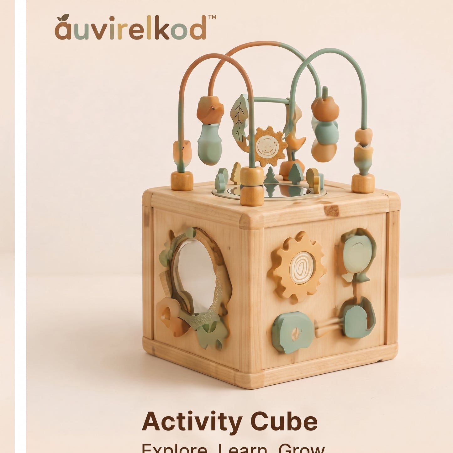 Wooden Activity Cube for Toddlers, Montessori Busy Box with Bead Maze, Gears and Sensory Play