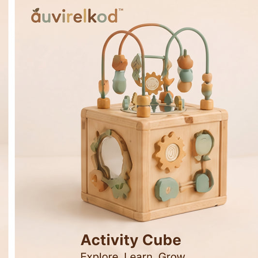 Wooden Activity Cube for Toddlers, Montessori Busy Box with Bead Maze, Gears and Sensory Play